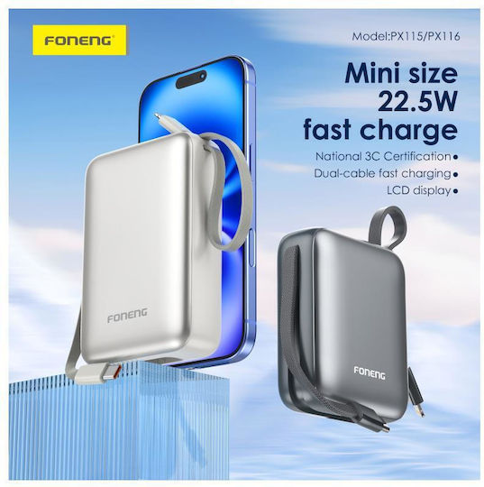Foneng PX115 Mini Външна батерия 10000mAh 22.5W с USB-C порт Power Delivery / Quick Charge / PPS в златист цвят