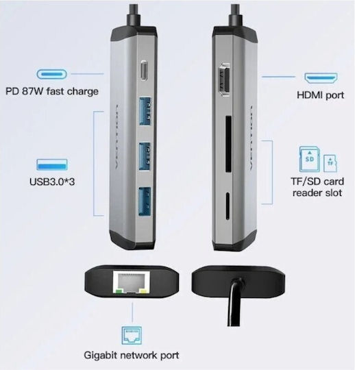 Vention Hub 10 Θυρών USB 3.2 με σύνδεση USB-C / USB-A / Ethernet Ασημί