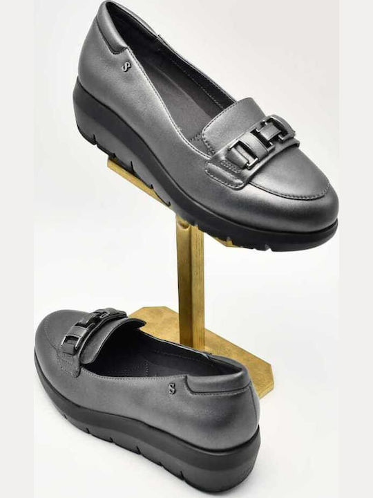 Leather Women's Loafers in Gray Color