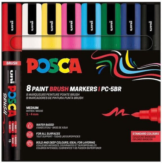 Markeri De Proiectare Uni Posca Pc-5br Culori De Bază Grosime Medie Vârf 1-4mm 8 Bucăți Pc-5br 8p