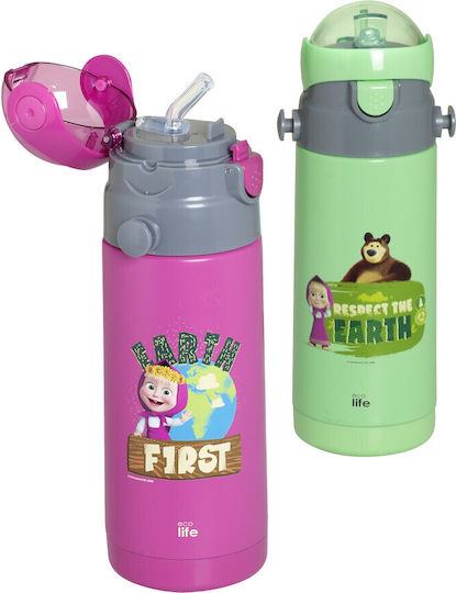 Ecolife Kids Water Bottle Thermos Stainless Steel with Straw Fuchsia 400ml