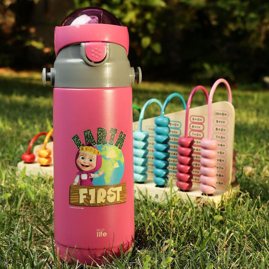 Ecolife Kids Water Bottle Thermos Stainless Steel with Straw Fuchsia 400ml