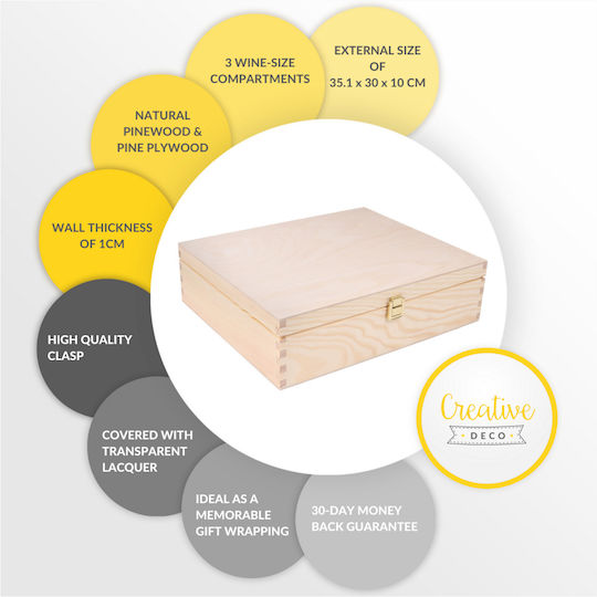 Creative Creative Deco Wine Box for 3 Bottles 35.1 x 30 x 10 cm Lid Lock Perfect Wine Storage as a Gift Decoration Decoupage Personalization