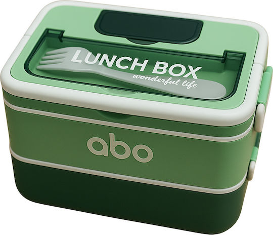 Abo Plastic Food Container 2 Levels Fork & Spoon Green 313708