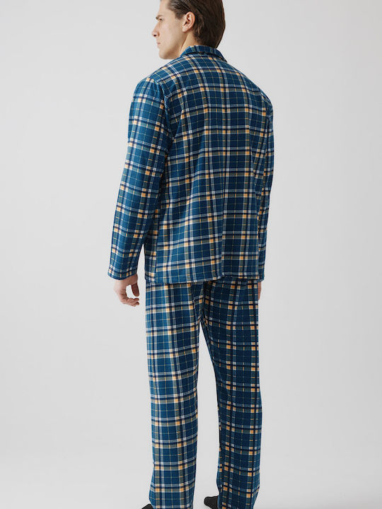 Minerva Minerva Herrenpyjamas Baumwollene Marin Orange Karo Winter