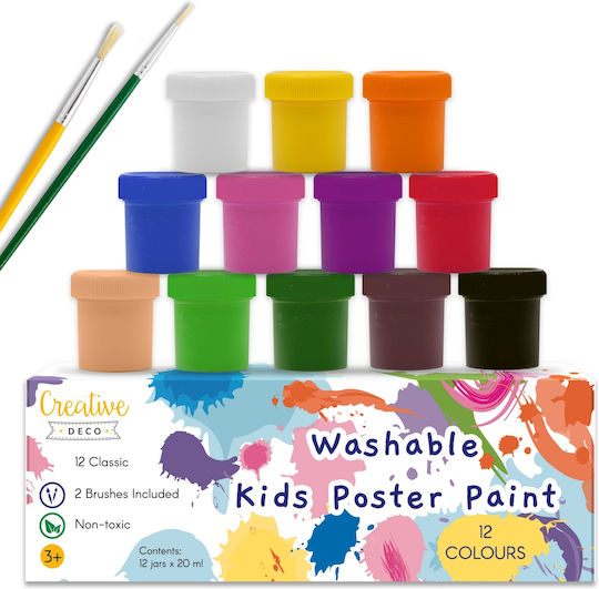 Creative Deco Plakatfarben Set 20 ml x 12 Farben Ungiftig Grundfarben Intensiv Ideal für Kinder Schüler Künstler Kunstliebhaber