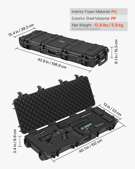 Vevor Hard Weapon Case Locked Weapon Case Refined Foam Materials Weapon Storage 1016 Mm Wheels Ip67 Waterproof & Dust Resistant Mobile Large Storage Pistol Shotguns Hunting Guns Air Guns Black