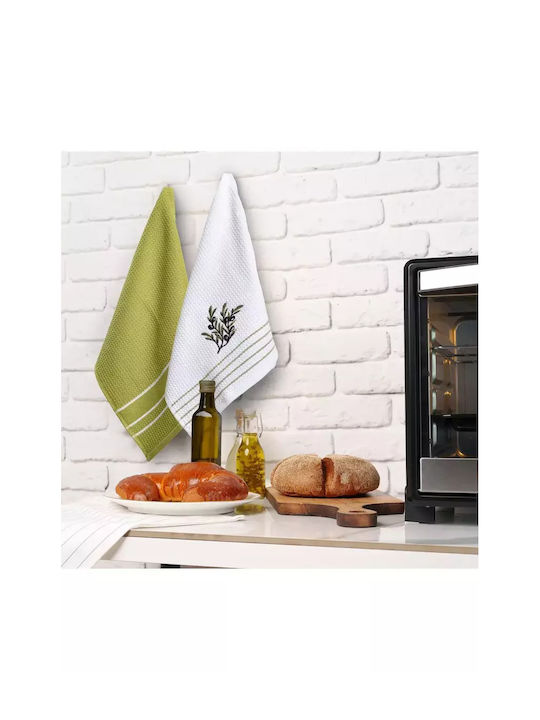 Set of 2 Embroidered Kitchen Towels Olive Pattern 40x60cm