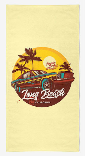 Πετσέτα Παραλίας “long Beach California” Αυτοκίνητο & Φοίνικες – Κίτρινη 75x150cm