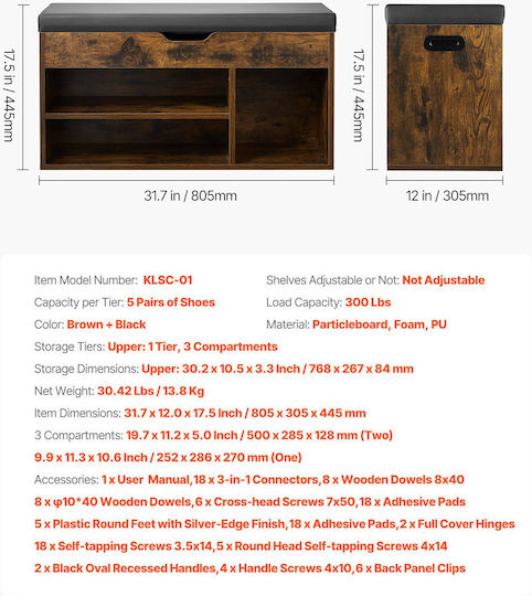 Entry Furniture with Shoe Rack & Bench Brown + Black 30x44x80cm