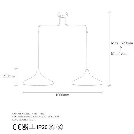 Opviq Barek Gold Pendant Ceiling Light with E27 Socket 100x35cm