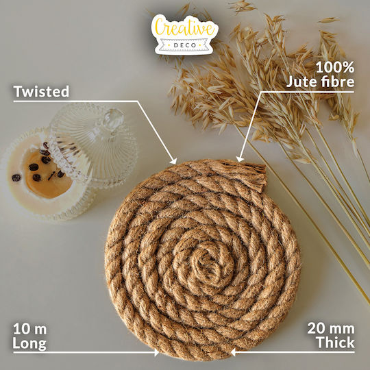 Creative Deco Lina Jute 10m Length 20mm Thickness Strong Durable Rope Twisted Natural Brown Color Ideal Garden Interior Decoration Art Projects Crafts