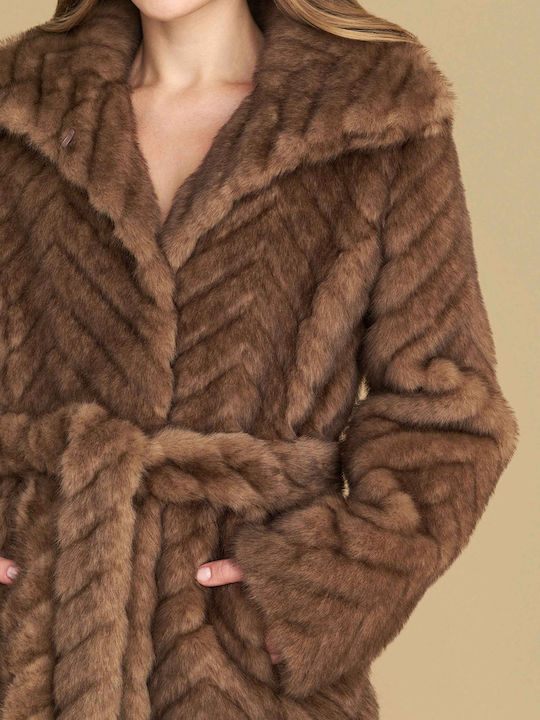 Damen Brown Mantel mit Fellbesatz