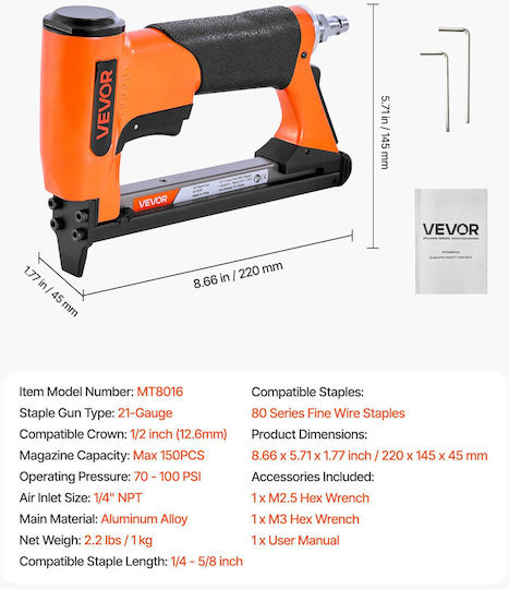 Vevor Pistol Pneumatic de Bătut Cuie 21 Gauge Seria 80 Coroană 12,8mm Lungime 6-16mm Greutate 1kg Bcgdsddq21gai83q1001v0