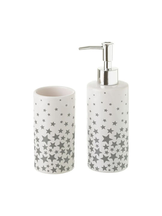 Bakaji Bathroom Accessory Set 2 Pieces Ceramic Soap Dispenser Tumbler Holder Gray Stars 02839914