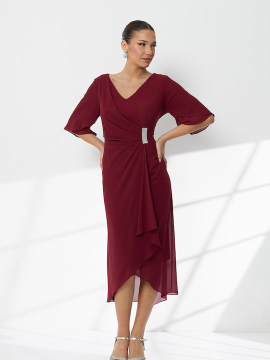 Summer Midi Evening Satin Drape Burgundy Dress