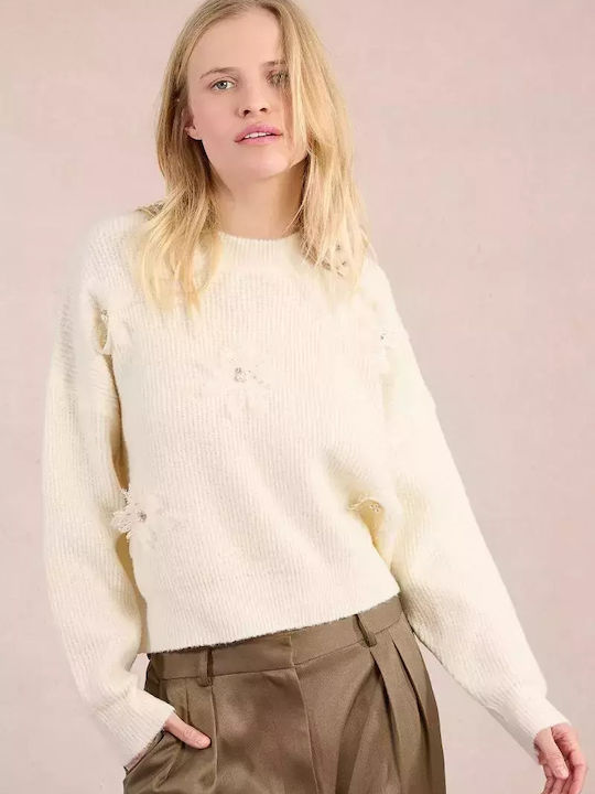 Women's Long Sleeve Sweater Woolen Floral White