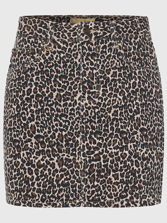 Denim Mini Skirt Leopard Tabac Brown