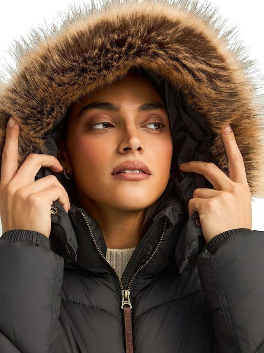 Women's Long Puffer Jacket for Winter with Hood Black