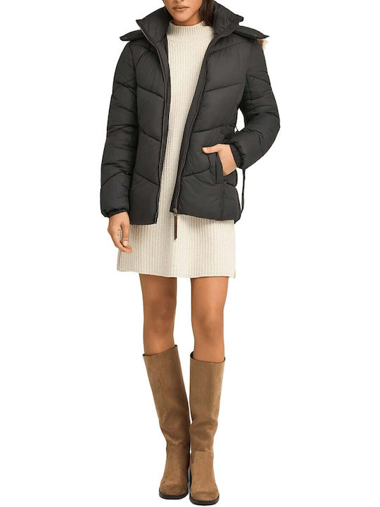 Women's Long Puffer Jacket for Winter with Hood Black
