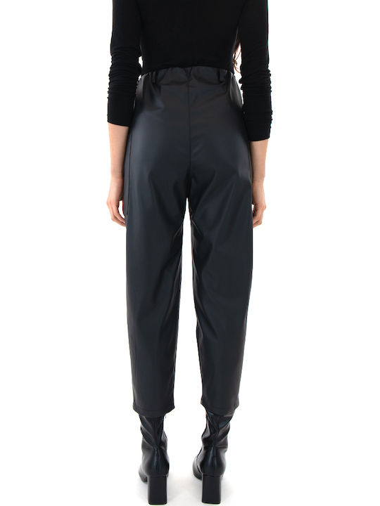 Faux Damen Hoch tailliert Stoff Hose mit Gummizug Black