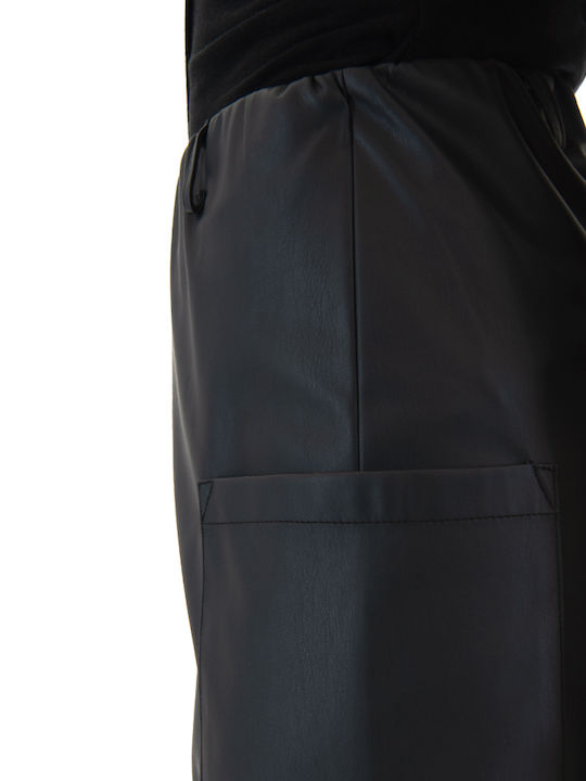 Faux Damen Hoch tailliert Stoff Hose mit Gummizug Black