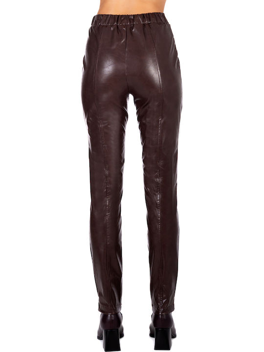 Women's Fabric Trousers with Elastic Brown