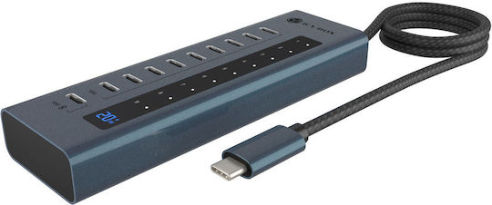 Icy Box USB-Hub 10 Anschlüsse USB 3.2 mit USB-C Anschluss Grau