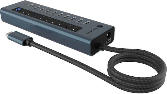 Icy Box USB-Hub 10 Anschlüsse USB 3.2 mit USB-C Anschluss Grau