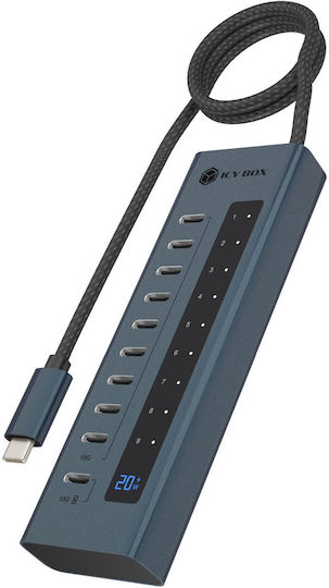 Icy Box USB-Hub 10 Anschlüsse USB 3.2 mit USB-C Anschluss Grau