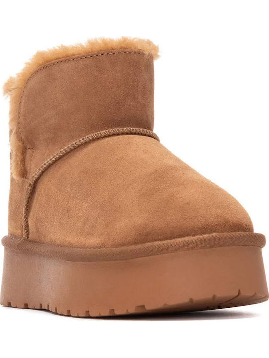 Leather Women's Ankle Boots with Fur Tabac Brown