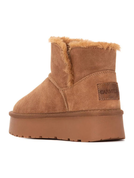Leather Women's Ankle Boots with Fur Tabac Brown