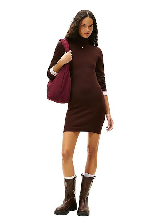 Mini Knitted Dress with Turtleneck Brown