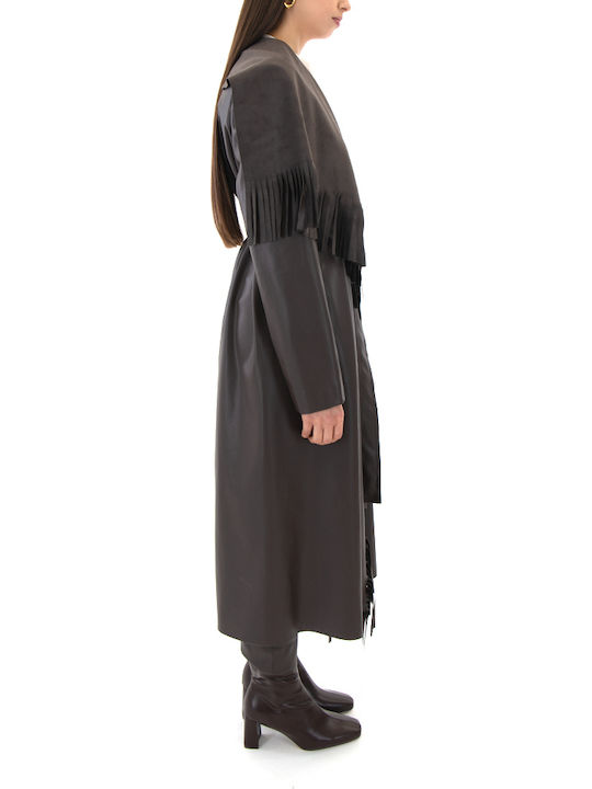 Leder Damen Brown Mantel mit Gürtel