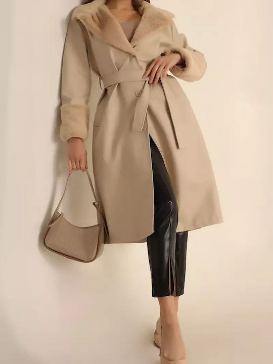 Leder Damen Black Mantel mit Fellbesatz