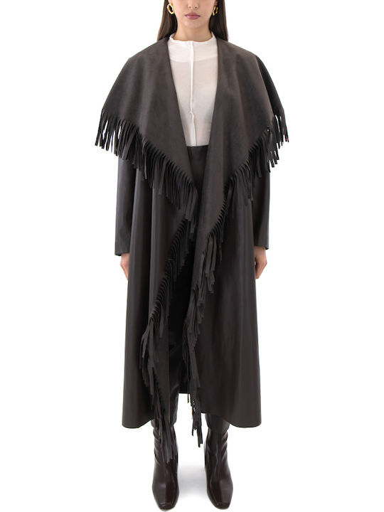 Leder Damen Brown Mantel mit Gürtel