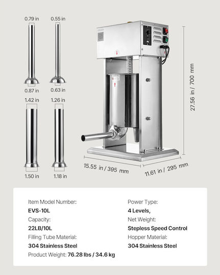Vevor Sausage Filler Machine with Pedal 10lt 39.5x29.5x70cm