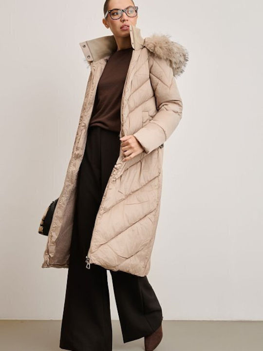 Women's Long Lifestyle Jacket for Winter with Hood Beige