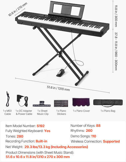 Vevor Electric Stage Piano QPZBZSZCGQ88DTDH4001V2 with 88 Weighted Keys Built-in Speakers and Connection with Headphones Black