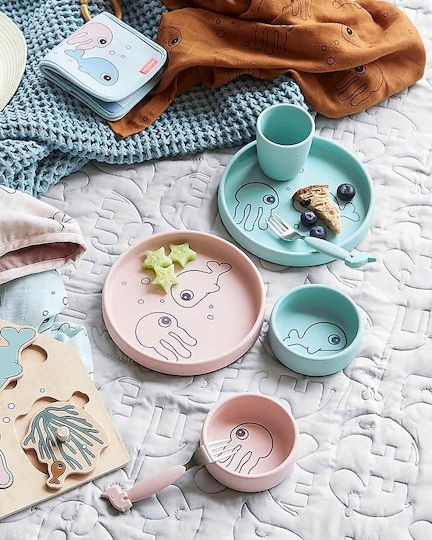 Done by Deer Feeding Set Sea Friends made of Silicone with Non-Slip Base Pink 3pcs
