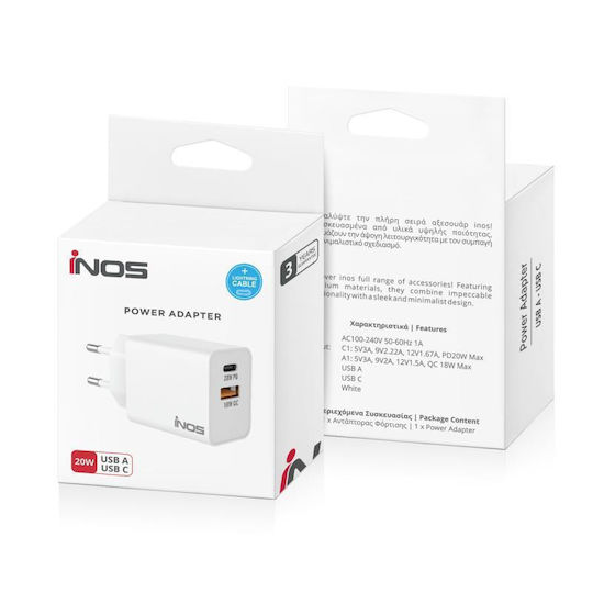 iNOS Charger with USB-A Port and USB-C Port and Cable USB-C - Lightning 20W Power Delivery / Quick Charge 3.0 Whites