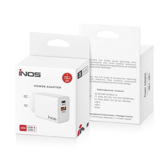 iNOS Charger with USB-A Port and USB-C Port and Cable USB-C - USB-C 20W Power Delivery / Quick Charge 3.0 Whites