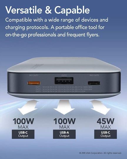 ZMI Qb826g Power Bank 25000mAh με Θύρα USB-A και 2 Θύρες USB-C Power Delivery / Quick Charge 3.0 Γκρι