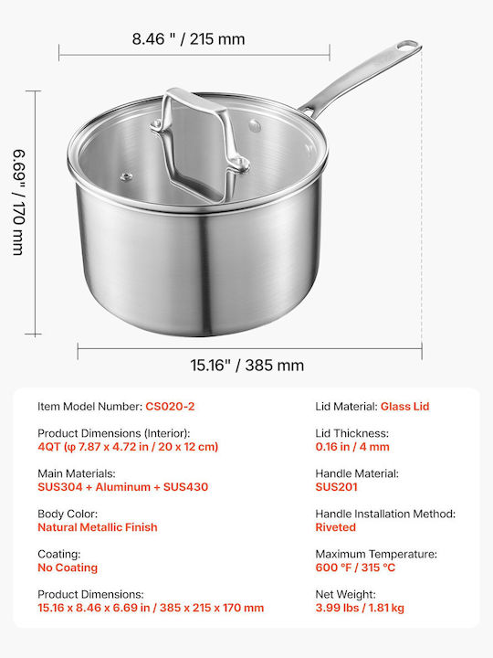 Vevor Κατσαρολάκι Γάλακτος 4lt / 20cm