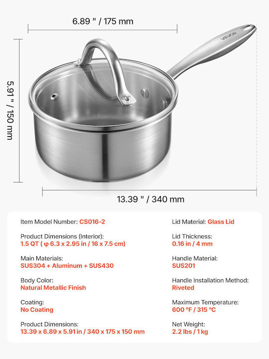 Vevor Κατσαρολάκι Γάλακτος 1.5lt / 16cm