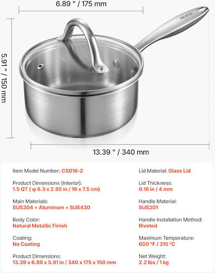 Vevor Κατσαρολάκι Γάλακτος 1.5lt / 16cm