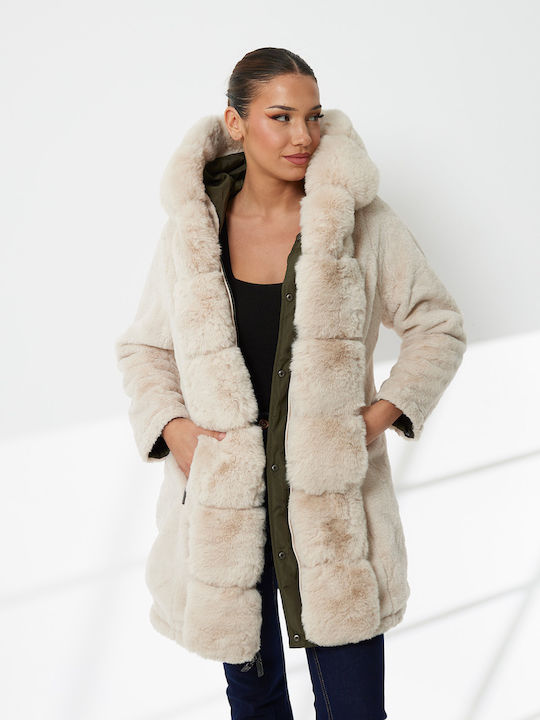 Women's Khaki Coat with Fur Details