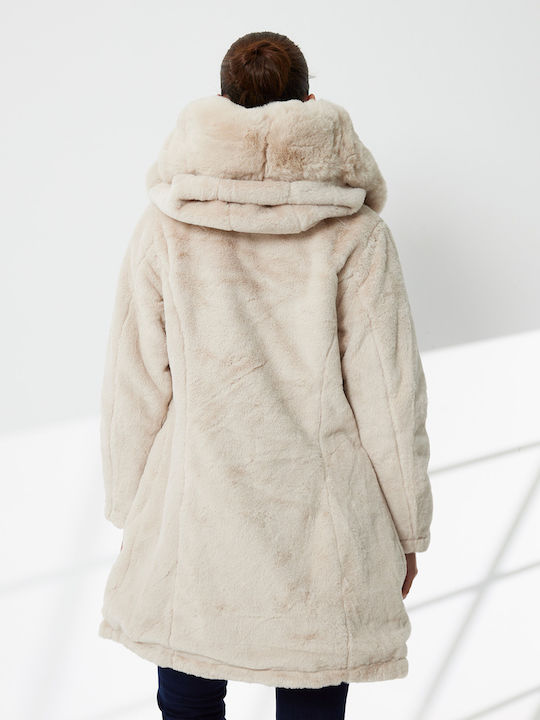 Women's Khaki Coat with Fur Details