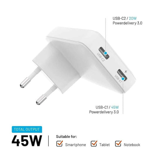 Fixed Φορτιστής Χωρίς Καλώδιο GaN με 2 Θύρες USB-C 45W Power Delivery Λευκός