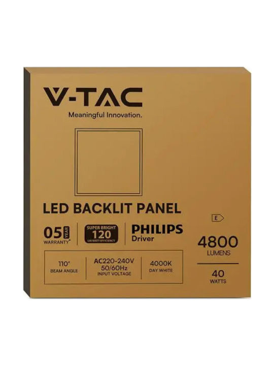 V-TAC Square Recessed LED Panel 40W with Natural White Light 4000K 60x60cm
